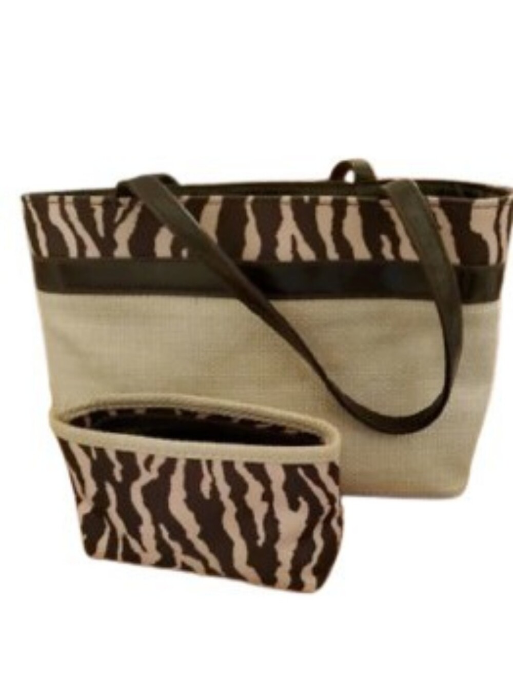 Estee Lauder woven makeup bag set of two animal print brown and tan
